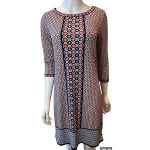 Max Studio Womens Tunic Dress Geometric Circle Print  3/4 Sleeve Red White Sz XS